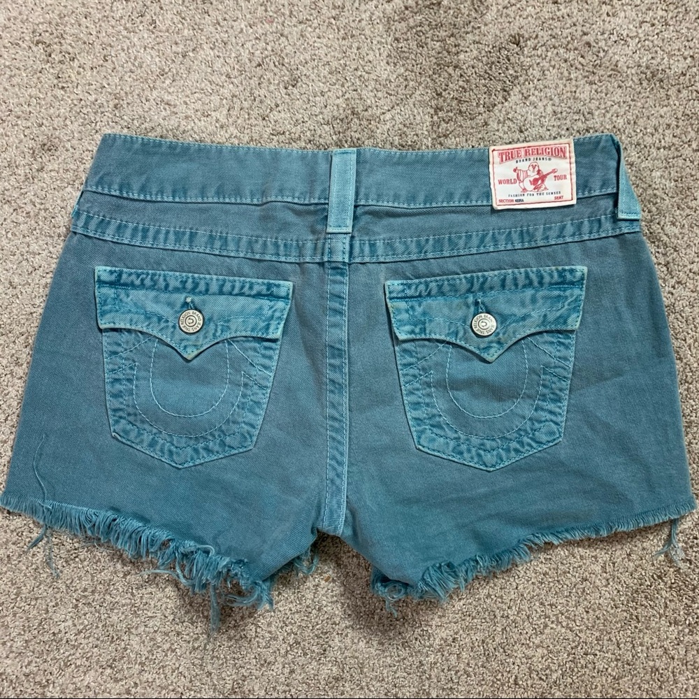 TRUE RELIGION Turquoise Teal DISTRESSED Flap Pocket KEIRA Denim JEAN SHORTS  31